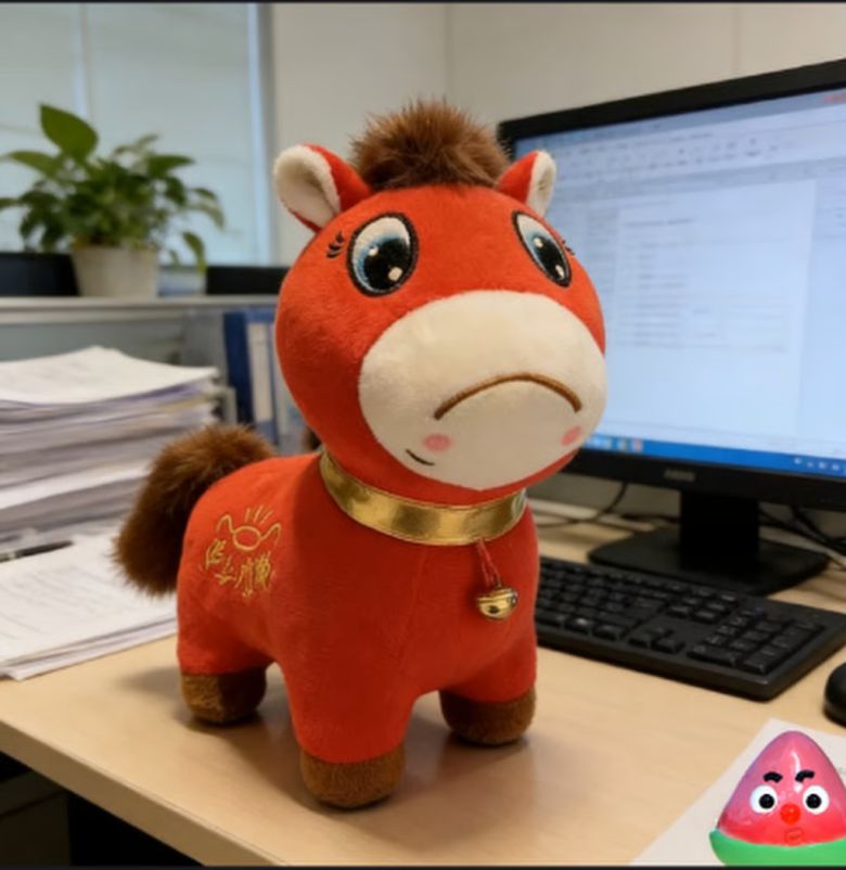 책상 위에 놓인 ‘우는 말’ 인형. [SCMP 갈무리]