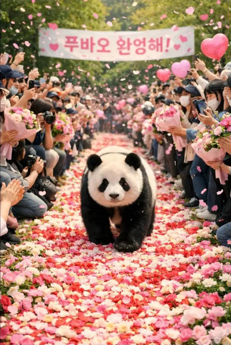 푸바오 팬들이 만든 ‘귀향’AI사진. 그러나 푸바오가 한국에 복귀할 가능성은 거의 없다는 관측이 지배적이다.