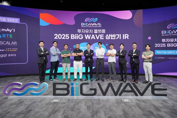 왼쪽부터 곽승환 지큐티코리아 대표, 최원익 딥카디오 대표, 강척구 바스플렉스 대표, 한성구 앱파인더테라퓨틱스 대표, 김명립 빌릭스 대표, 홍석민 스피드플로어 대표, 강혁진 비티이 상무, 윤예찬 스칼라데이터 대표, 이재현 엠엑스바이오 대표, 김찬규 메이아이 대표. 사진=빅웨이브 제공