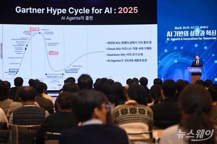 이홍락 LG AI연구원장이 5일 오후 서울 중구 대한상공회의소에서 열린 '제4회 대한상공회의소-한국은행 세미나'에서 'Agentic AI' 주제로 기조강연을 하고 있다. 사진=강민석 기자 kms@newsway.co.kr