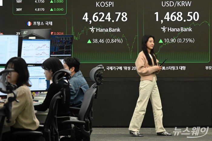 코스피가 미국 증시 강세와 주도주 상승에 힘입어 4600선에 안착하며 장중 사상 최고치를 경신한 12일 오후 서울 중구 하나은행 본점 딜링룸에서 직원들이 업무를 보고 있다. 이날 코스피는 38.47p(0.84%) 오른 4624.79 마감했다. 사진=강민석 기자 kms@newsway.co.kr