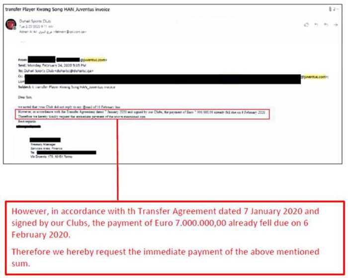 유벤투스-알두하일 간 북한 축구선수 한광성의 이적료 문건