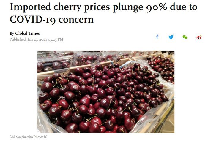 중국 관영 글로벌타임스는 '코로나19 우려로 수입산 체리 가격이 90% 급락했다'고 보도했다.