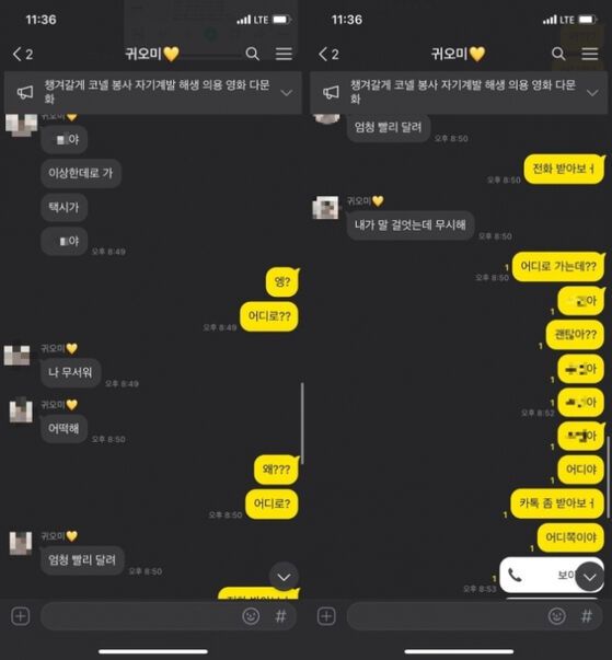 지난 4일 경북 포항에서 달리는 택시에서 뛰어내린 여대생 A(20)씨가 뒤따라오던 차량에 치여 숨지는 사고가 발생해 경찰이 수사에 착수했다. 사진은 유족이라고 주장한 누리꾼이 공개한 사고 전 A 씨가 남자친구와 나눈 대화. (사진=청와대 국민청원 게시판)