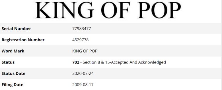 마이클 잭슨 사후 미국 특허청에 상표 등록된 '팝의 왕'