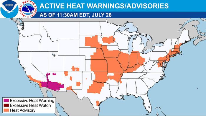 미 기상청(NWS) 폭염 특보 발령 현황 (사진=NWS 페이스북 게시물, 연합뉴스)