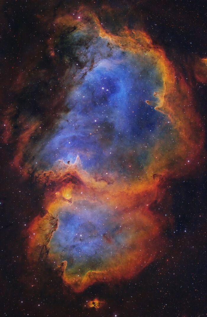 지용호 씨의 '태아 성운'. 우리나라의 출산율을 걱정하는 마음으로 카시오페아자리의 동쪽에 위치한 태아 성운을 인천 석모도에서 총 6일에 걸쳐 촬영한 작품. 사진의 구도는 태아가 엄마 배 속에 있는 듯한 모습으로 잡았다.