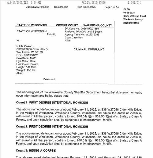 모친과 계부를 살해한 혐의로 기소된 미국 위스콘신주 워키쇼 거주 17세 니키타 카삽의 혐의를 적시한 현지 법원 제출 공소장
