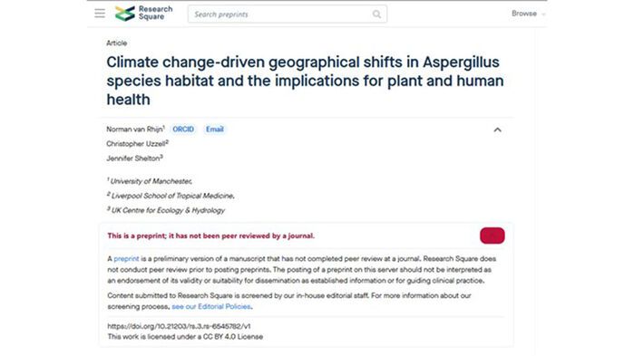 2025년 5월 2일(현지시간) 영국 맨체스터대 소속 노르만 판레인, 리버풀 열대의학대학원 소속 크리스토퍼 유젤, 영국 생태수문학센터(UKCEH) 소속 제니퍼 셸턴 등 박사후 연구원 3명이 인터넷에 공개한 아스페르길루스 균류의 지리적 이동 예상 논문 초안.