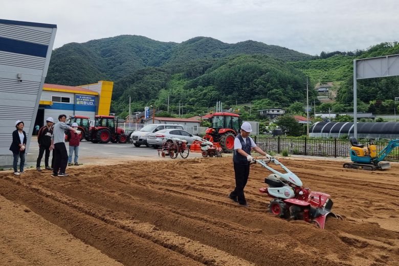 '단양에서 살아보기'에 참여한 도시민들이 삼태산농촌체험휴양마을에서 밭 정리작업을 체험하고 있다. 사진=단양군제공