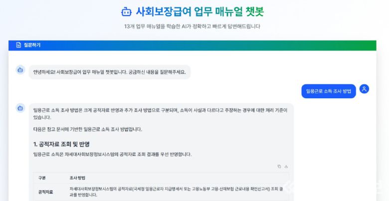 충주시청 공무원 학습동아리 '자비스'가 개발한 사회복지 업무 'AI 챗봇'의 구동 화면.