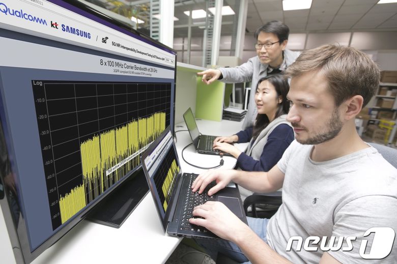 KT는 삼성전자-퀄컴과 함께 경기도 수원 삼성전자 디지털 시티에서 3GPP의 5G 국제 표준인 5G NR 규격 기반으로 데이터 통신에 성공했다.(KT 제공) 2018.2.20/뉴스1
