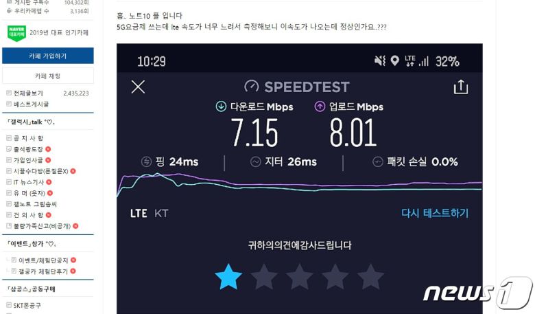 커뮤니티에 올라온 LTE 속도 관련 불만의견(커뮤니티 갈무리)© 뉴스1
