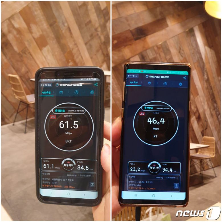 서울 중구 을지로 페럼타워에서 측정한 SK텔레콤과 KT의 LTE 속도. 평균속도 158Mbps에 한참 못미치는 속도다. 2020.09.21 © 뉴스1 강은성 기자