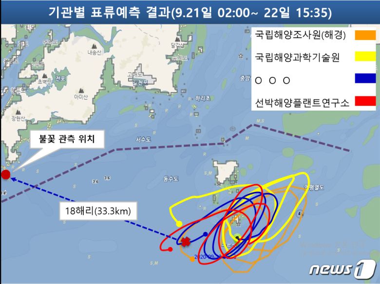 해경청이 발표한 기관별 표류예측 결과 © 뉴스1
