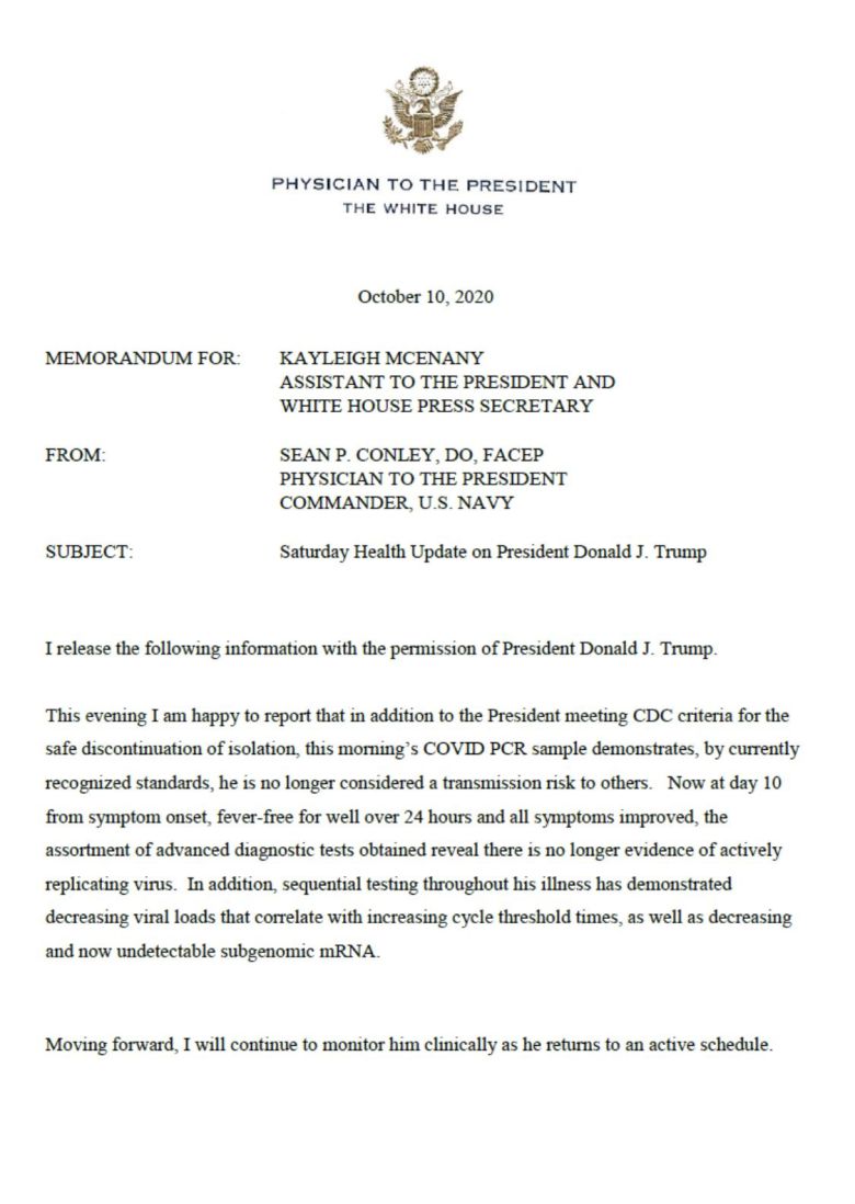 도널드 트럼프 미국 대통령의 주치의 션 콘리가 10일(현지시간) 트럼프 대통령에 대해 "더 이상 다른 사람에게 신종 코로나바이러스를 옮길 위험이 없다"고 밝혔다. (트위터 캡처) © News1