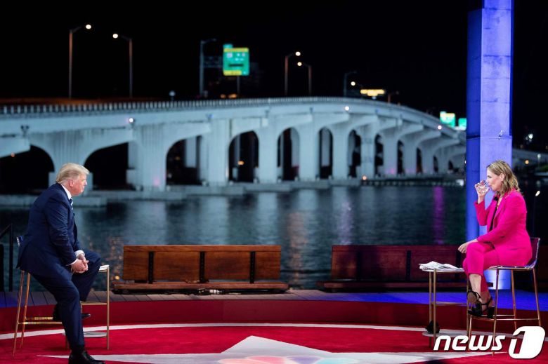 도널드 트럼프 미국 대통령이 15일 (현지시간) 플로리다주 마이애미의 페레즈 미술관에서 열린 NBC뉴스 타운홀 행사에 참석해 진행자 사바나 거스리와 얘기를 나누고 있다. © AFP=뉴스1 © News1 우동명 기자