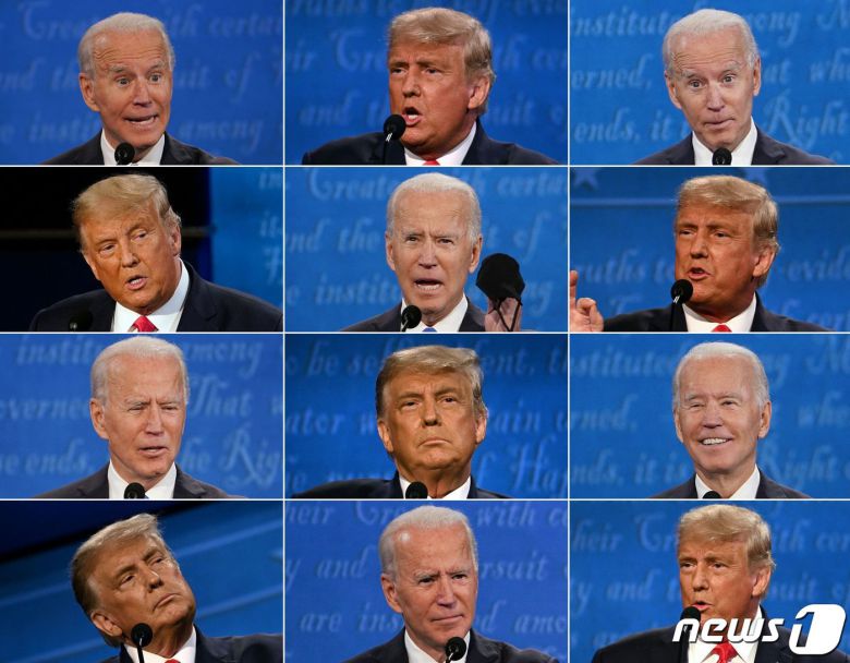 22일 도널드 트럼프 대통령과 조 바이든 민주당 대선후보가 토론에 임하고 있다. © AFP=뉴스1