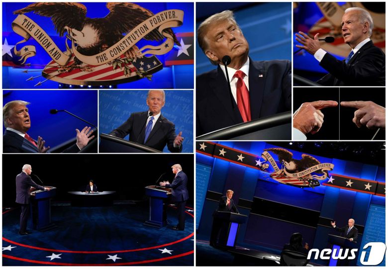 도널드 트럼프 미국 대통령과 조 바이든 민주당 대선후보가 22일 테네시주 내슈빌 벨몬트대학에서 TV토론에 임하고 있다. © AFP=뉴스1