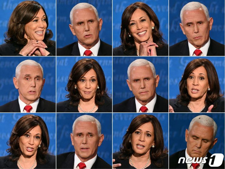 마이크 펜스 미국 부통령과 카멀라 해리스 민주당 부통령 후보가 7일(현지시간) 유타주 솔트레이크시티의 유타대에서 열린 TV토론에서 다양한 표정을 보여주고 있다. © AFP=뉴스1 © News1 우동명 기자