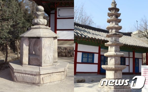 평양 개선청년공원 위쪽에 있는 용화사 경내로 옮겨진 영명사 석조불감과 흥복사 6각7층탑. 2015년 용화사가 철거되면서 다른 곳으로 이전됐다. (미디어한국학 제공) 2020.11.14.© 뉴스1