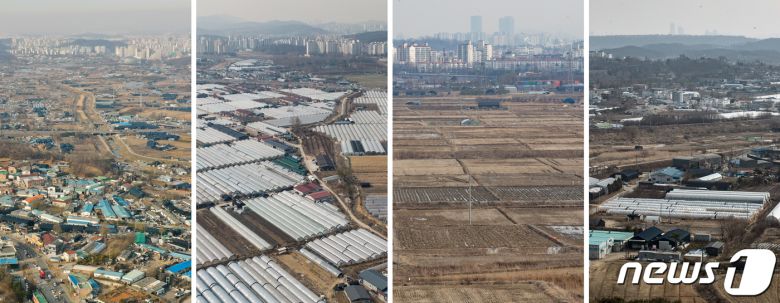 3기 신도시 사업이 추진된 2018~2019년 신도시 예정지 일대에서 이뤄진 토지 거래 5건 중 1건 이상은 그린벨트(개발제한구역) 내의 길도 없는 땅(맹지)인 것으로 확인됐다. 신도시 계획이 사전에 유출되면서 사용가치가 없는 땅까지 팔렸을 가능성이 높다는 분석이다. 8일 언론보도에 따르면 3기 신도시 토지거래 8860건 중 22.4%인 1989건이 그린벨트로 묶여 있는 ‘맹지’인 것으로 드러났다. 그린벨트는 건축물의 신축·증축, 용도변경, 토지의 형질변경 및 토지분할 등의 행위가 제한되기 때문에 투자가치가 떨어진다. 사진은 3기 신도시로 지정된 광명·시흥 신도시(왼쪽부터), 남양주 왕숙1 신도시, 부천 대장신도시, 고양창릉 신도시 예정부지. 2021.3.9/뉴스1 © News1 이재명 기자, 조태형 기자