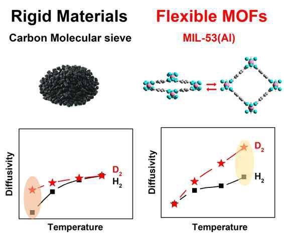 단단한 구조 및 유연한 구조에서의 수소 동위원소 확산계수(Diffusivity) 비교, 구조변화가 없는 단단한 구조의 다공성 물질(왼쪽) 내에서 수소 및 중수소 확산은 저온에서 차이가 발생하지만 유연한 구조를 가진 금속-유기 골격체(오른쪽) 내 수소(H2) 및 중수소(D2) 확산은 고온에서 확산차이가 발생하는 역전 효과가 있음을 보여주고 있다 (오현철 경상국립대학교 교수 제공) 2021.04.06 /뉴스1