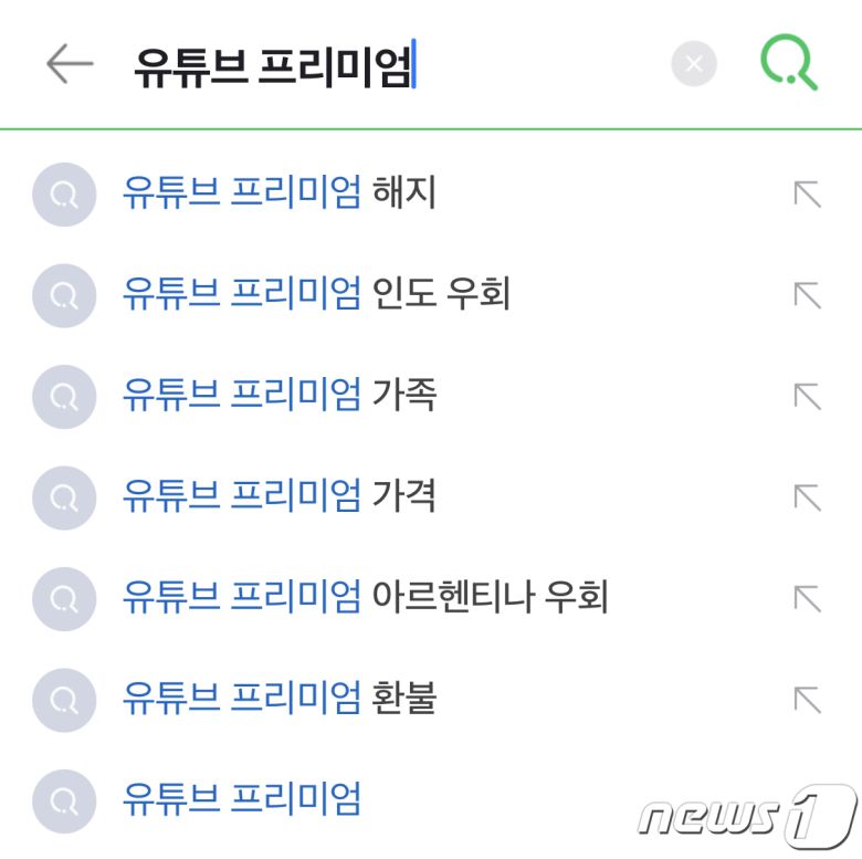 네이버에서 유튜브 프리미엄을 검색하면 나오는 자동완성 검색어. ‘인도 우회’, ‘아르헨티나 우회’ 등이 많이 검색되는 모습을 확인할 수 있다. © 뉴스1