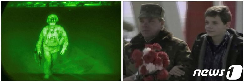 30일(현지시간) 카불의 하미드 카르자이 국제 공항에서 아프가니스탄을 떠나는 마지막 미군이 C-17 수송기를 탑승하고 있다(왼쪽)-1989년 소련군 사령관 보리스 그로모프가 아프간에서 철군한 후 아들이 준 꽃다발을 들고 있다.(오른쪽) © 로이터=뉴스1