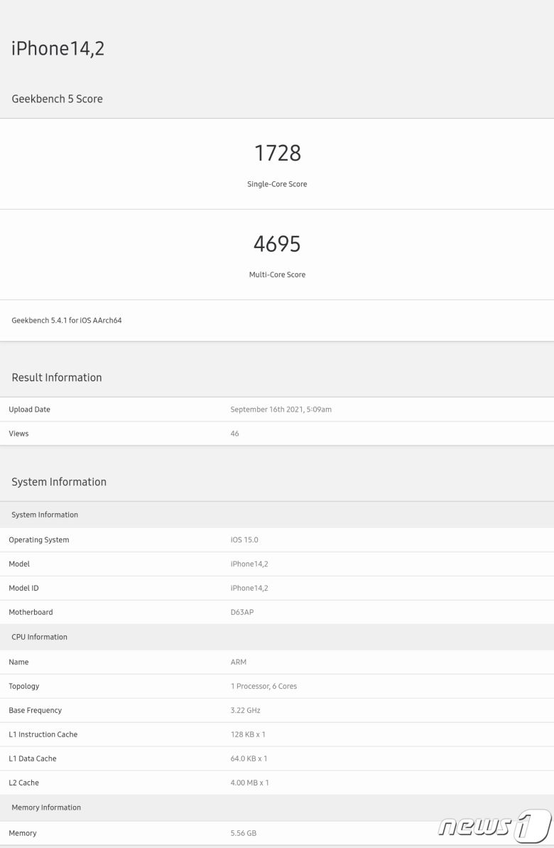 16일 업계에 따르면 CPU 성능 등을 수치화하는 벤치마크 사이트 긱벤치5에는 아이폰13프로를 가리키는 것으로 보이는 'iPhone14,2' 의 수치가 업로드 됐다. (긱벤치 갈무리) © 뉴스1