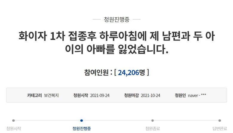 화이자 백신 1차 접종 후 13일 만에 30대 남편이 목숨을 잃었다며 접종 부작용에 대한 정확한 대책을 세워달라는 청원이 올라왔다. (청와대 국민청원 게시판 갈무리) © 뉴스1