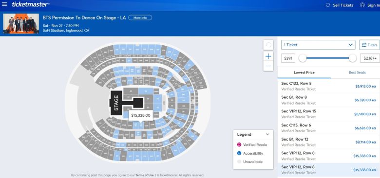방탄소년단 '퍼미션 투 댄스 온 스테이지' LA 공연 티켓/티켓마스터 홈페이지 갈무리 © 뉴스1
