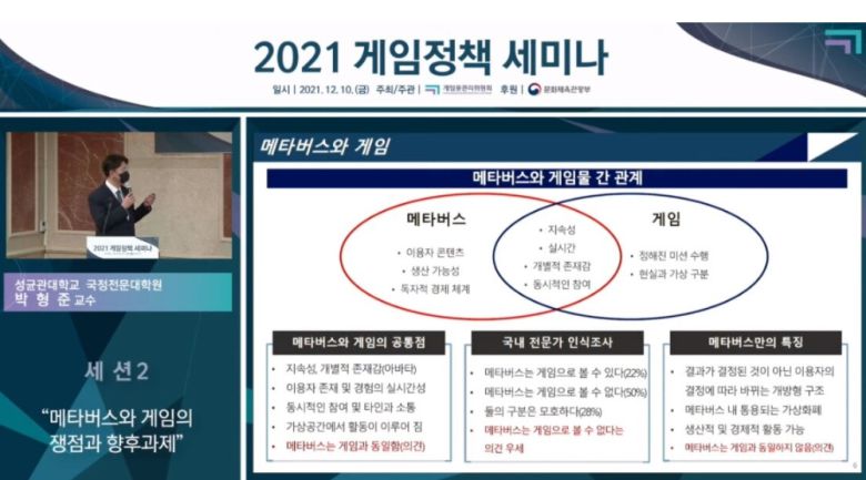 10일 게임물관리위원회가 온라인으로 개최한 '2021 게임 정책 세미나'서 발제자로 나선 박형준 성균관대학교 국정전문대학원 교수 (유튜브 캡처) © 뉴스1