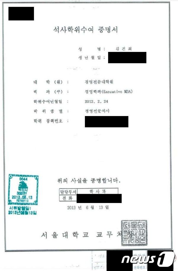 김씨의 서울대 EMBA 경영전문석사 학위 취득을 인증하는 증명서. (국민의힘 제공) © 뉴스1