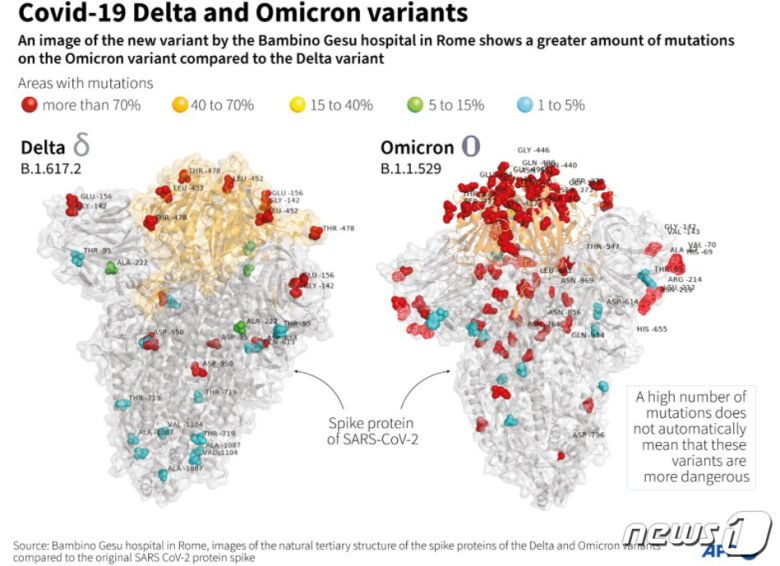 이탈리아 로마 밤비노 예수 병원은 새 변이주 오미크론의 단면도를 공개했다. 델타와 비교해 돌연변이가 훨씬 많다. © AFP=뉴스1 © News1 최서윤 기자