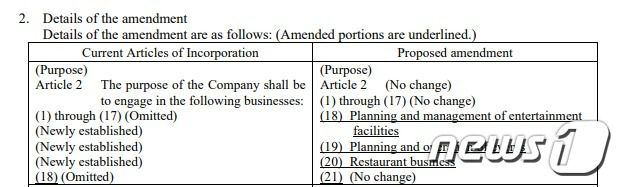 넥슨 일본법인 정관의 일부 변경에 관한 공지사항 일부 © 뉴스1