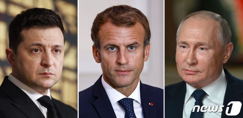(왼쪽부터) 볼로디미르 젤렌스키 우크라이나 대통령, 에마뉘엘 마크롱 프랑스 대통령, 블라디미르 푸틴 러시아 대통령. © AFP=뉴스1 © News1 최서윤 기자