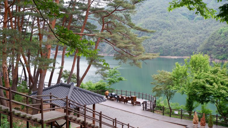 천은사 사찰 카페에서 바라본 저수지© 뉴스1