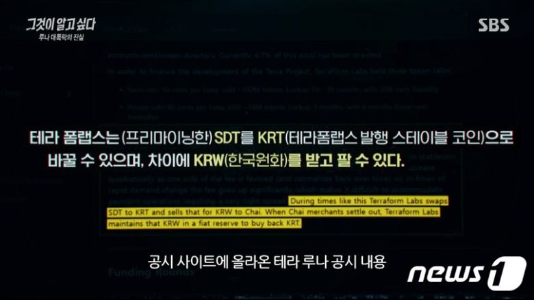 테라가 외부 공시 사이트에 공개한 내용. 출처 SBS '그것이 알고싶다' © 뉴스1