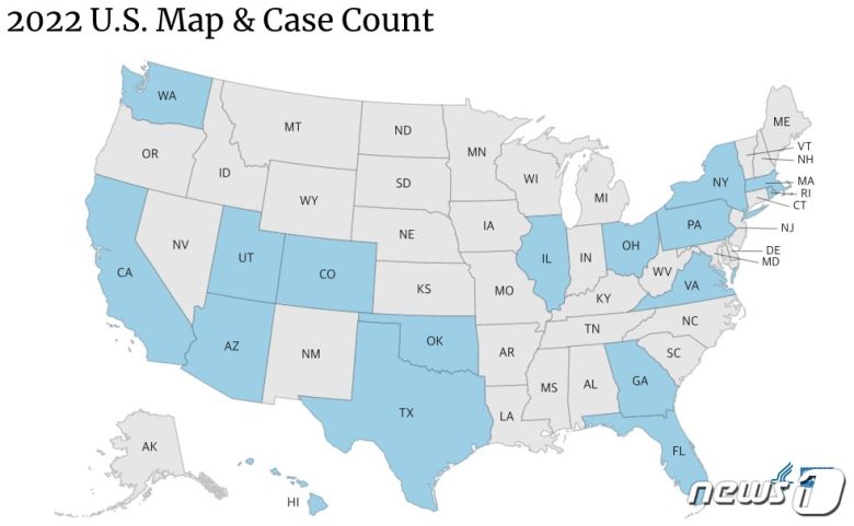 미국 내 원숭이두창 환자가 가장 많이 발생한 곳은 캘리포니아(15명)-뉴욕(11명)-일리노이(8명) 순이다. 출처=미 질병통제예방센터(CDC) © 뉴스1