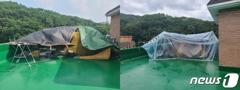 위치를 옮겨서 더 꼼꼼하게 설치한 텐트. (온라인 커뮤니티 '보배드림' 갈무리) © 뉴스1