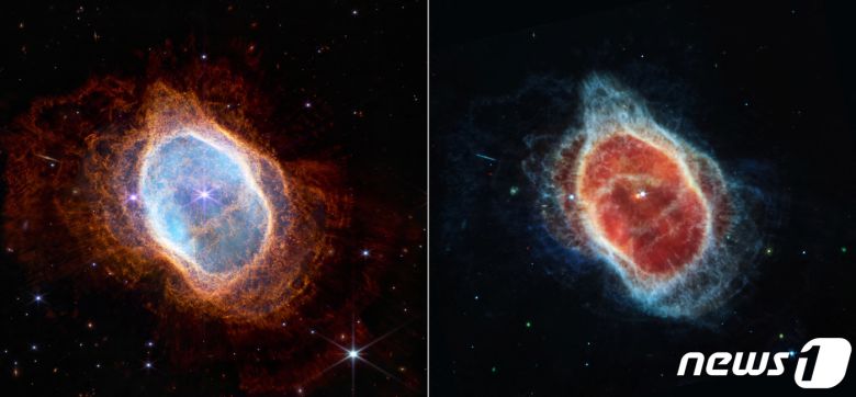 미국 항공우주국(NASA)이 제임스웹 우주망원경으로 촬영한 풀컬러 우주사진을 12일(현지시간) 공개하고 있다. 사진은 행성상 성운모습. © 로이터=뉴스1