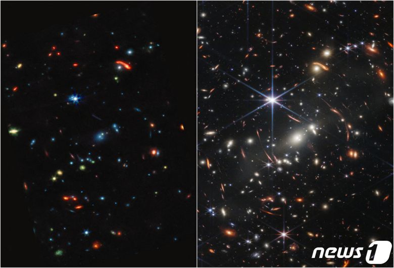 미국 항공우주국(NASA)의 제임스웹 우주망원경으로 촬영한 풀컬러 우주사진을 12일(현지시간) 공개하고 있다. © 로이터=뉴스1