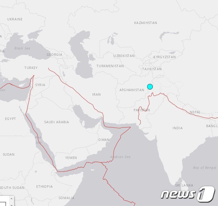 아프가니스탄 동부 잘랄라바드에서 5일(현지시간) 오전 2시57분쯤 규모 5.3 지진이 발생해 최소 8명이 숨졌다. 2022.09.05/뉴스1(USGS 갈무리)