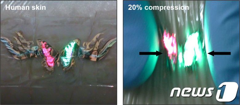 매우 얇아 다양한 물리적 변형에 대응할 수 있는 피부 부착형 페로브스카이트 LED 소자. (UNIST 제공)