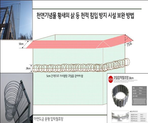 황새 방사장 침입방지 시설 보완 방법. (문화재청 제공)