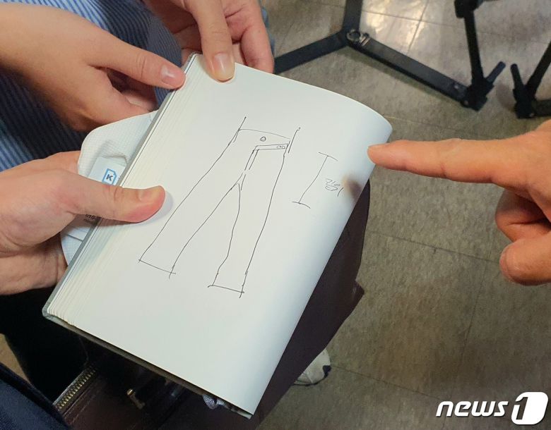 피해자 측 남언호 변호사가 지난 17일 부산지법에서 기자들에게 피해자가 입고 있던 청바지의 모습을 설명하기 위해 그린 그림. .2023.5.17/뉴스1 노경민 기자