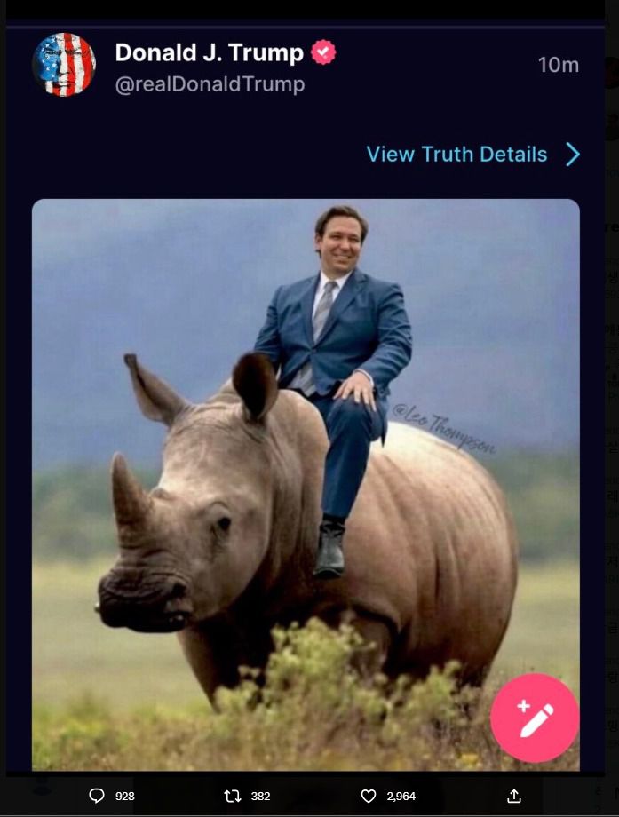 론 디샌티스 캠프 관계자가 8일(현지시간) 트위터에 도널드 트럼프 전 대통령이 게재한 디샌티스 비방 사진을 거론하며 "이 사진도 AI가 생성했다"며 디샌티스 캠프의 '트럼프-파우치 사진' 합성 의혹에 맞불을 놓았다. 2023.6.9.