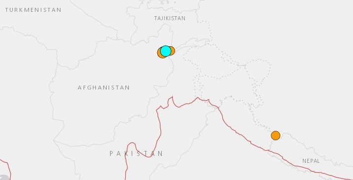 6일 아프가니스탄과 타지키스탄 국경 근처에서 발생한 지진의 발생 지점을 하늘색 점으로 표시한 미 지질조사국의 지도. (출처 : USGS)