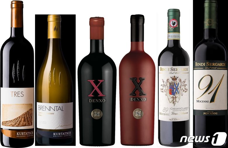 (왼쪽부터)쿠르타취의 브렌탈 화이트·트레스,  빅시오의 덴소X, 빈디 세르가르디의 모체니 89·91. 에이비씨코퍼레이션이 새로 들여온 이탈리아 와인 6종.(에이비씨코퍼레이션 제공)